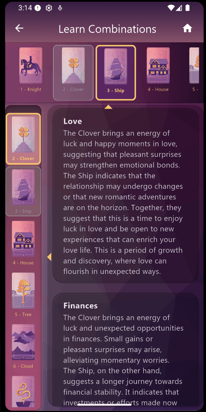 Card combinations in Meu Tarot with interpretations for love, career, and health.